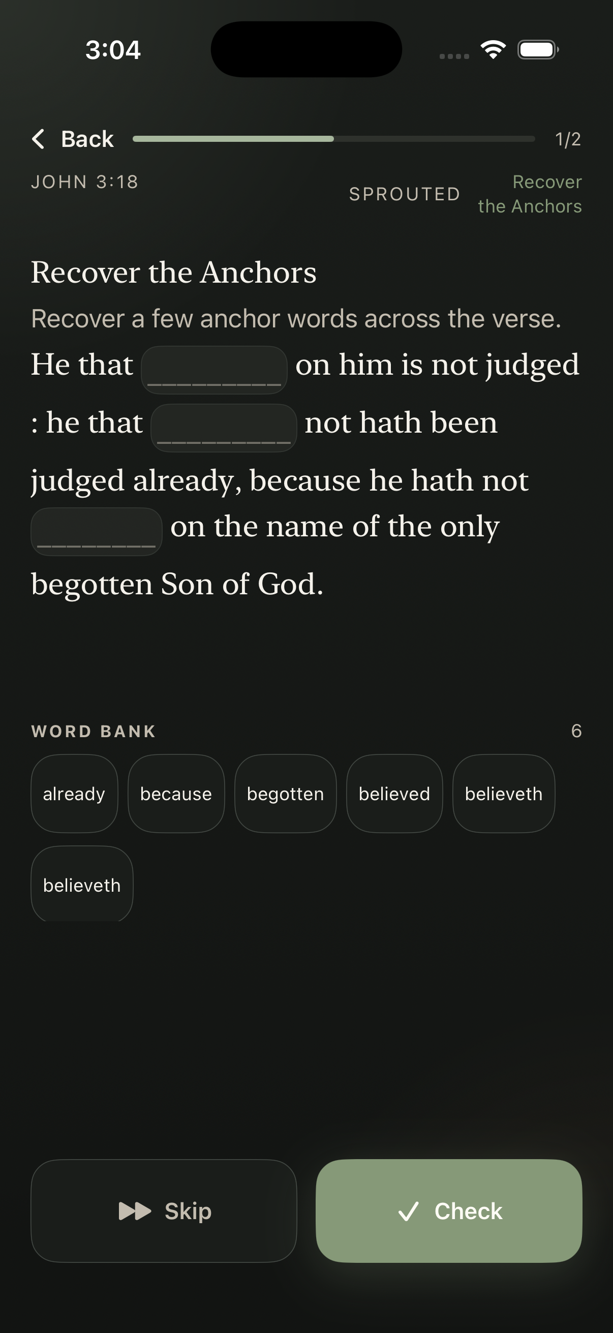 Guided practice mode recovering anchor words from memory