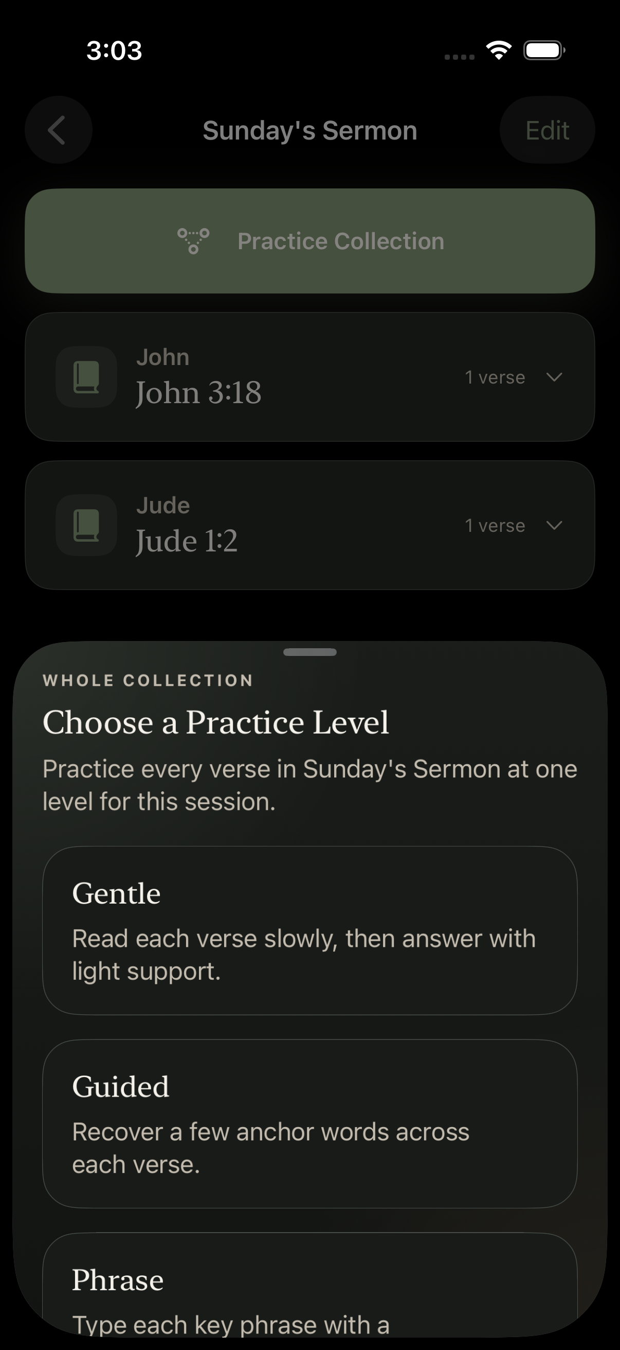 Sunday's Sermon collection with practice level selection